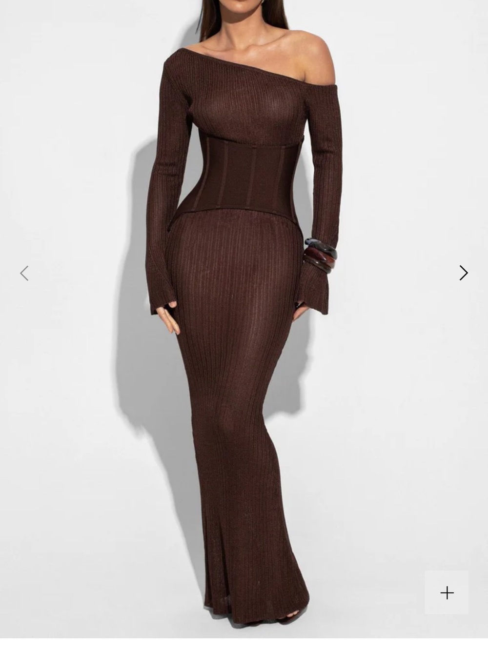 One-Shoulder Ribbed Maxi Dress with Waist Corset in Brown